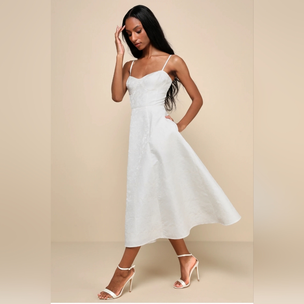 Lulus Meet Me For Tea White Jacquard Bustier Midi Dress - Picture 3 of 8